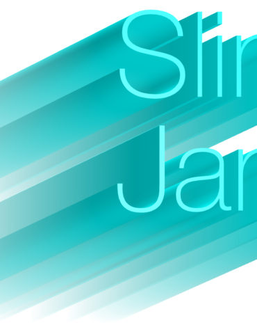 A blue and white image of the word slim jam