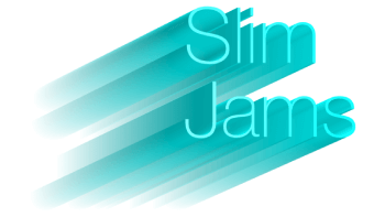 A blue and white image of the word slim jam