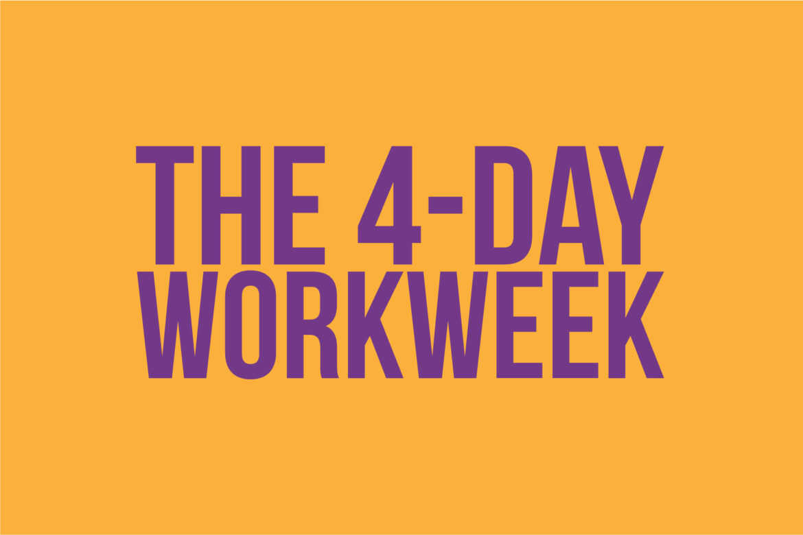 A yellow background with purple text that says " the 4-day workweek ".