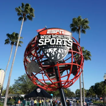 A large red globe with the words " wide world sports ".