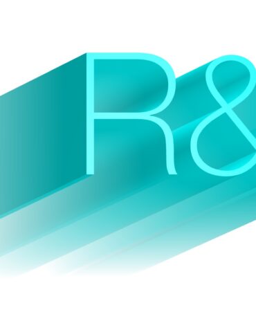 A blue and white logo with the letter r