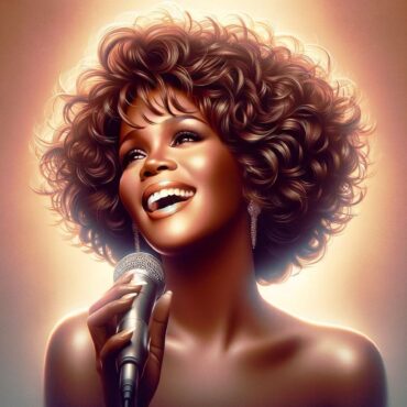 A painting of whitney houston holding a microphone.