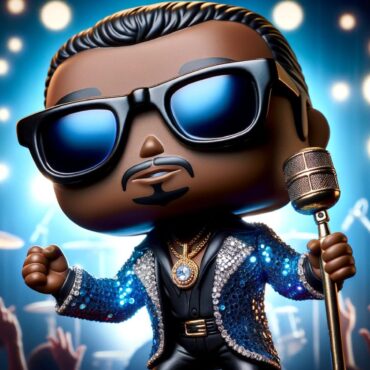 A toy doll of a man with sunglasses and a microphone.