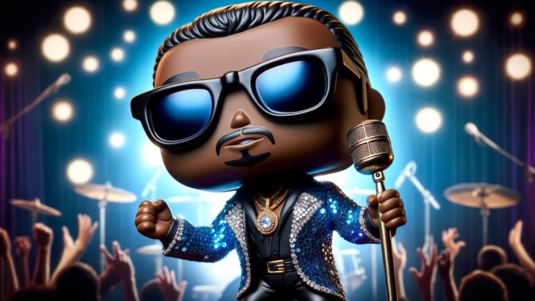 A toy doll of a man with sunglasses and a microphone.