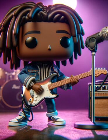 A person with dreadlocks playing guitar and standing next to a microphone.