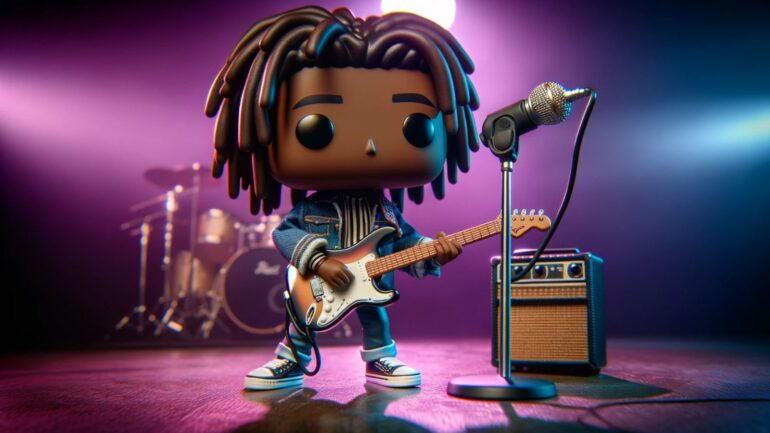 A person with dreadlocks playing guitar and standing next to a microphone.