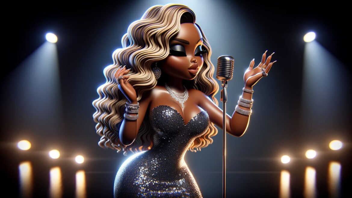 A cartoon of a woman with long hair and a microphone.