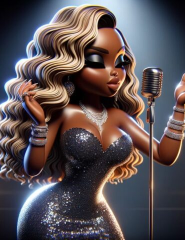 A cartoon of a woman with long hair and a microphone.