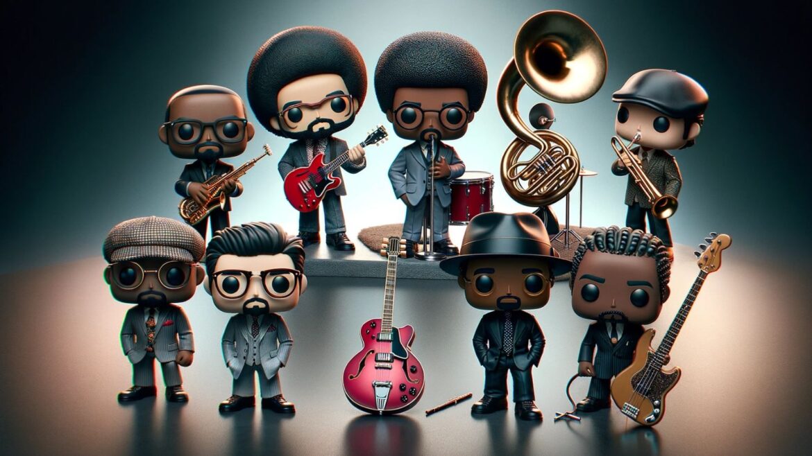 A group of toy figures that are in the shape of musicians.